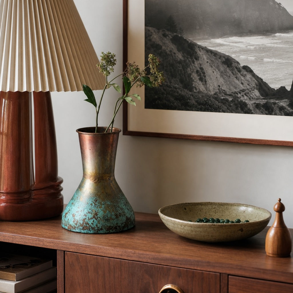 Copper Patina Footed Vase, 8.5" Tall styled with a pleated lamp and a stoneware bowl on a Portland console - Whats New Furniture