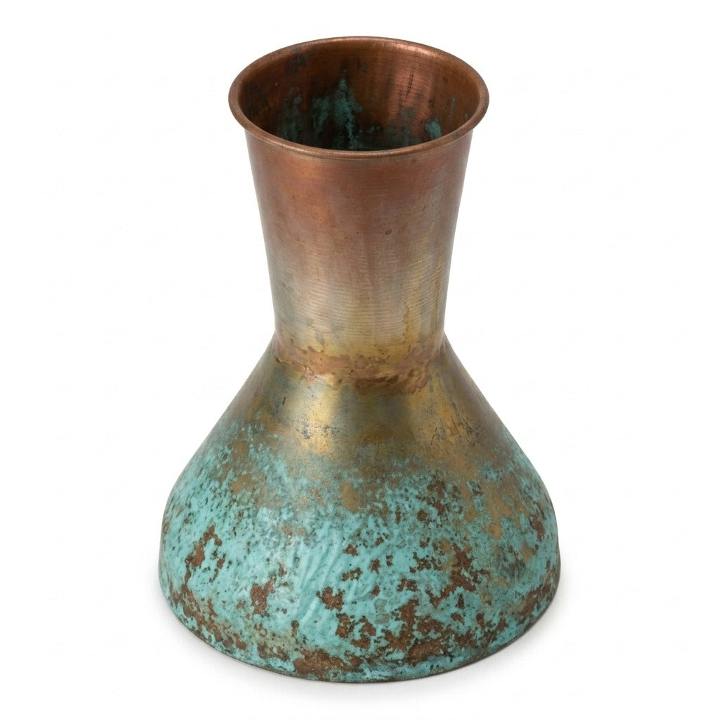 Copper Patina Footed Vase, 8.5" Tall seen from above showing the rim and verdigris patina - copper vase by Kalalou - Whats New Furniture Portland OR