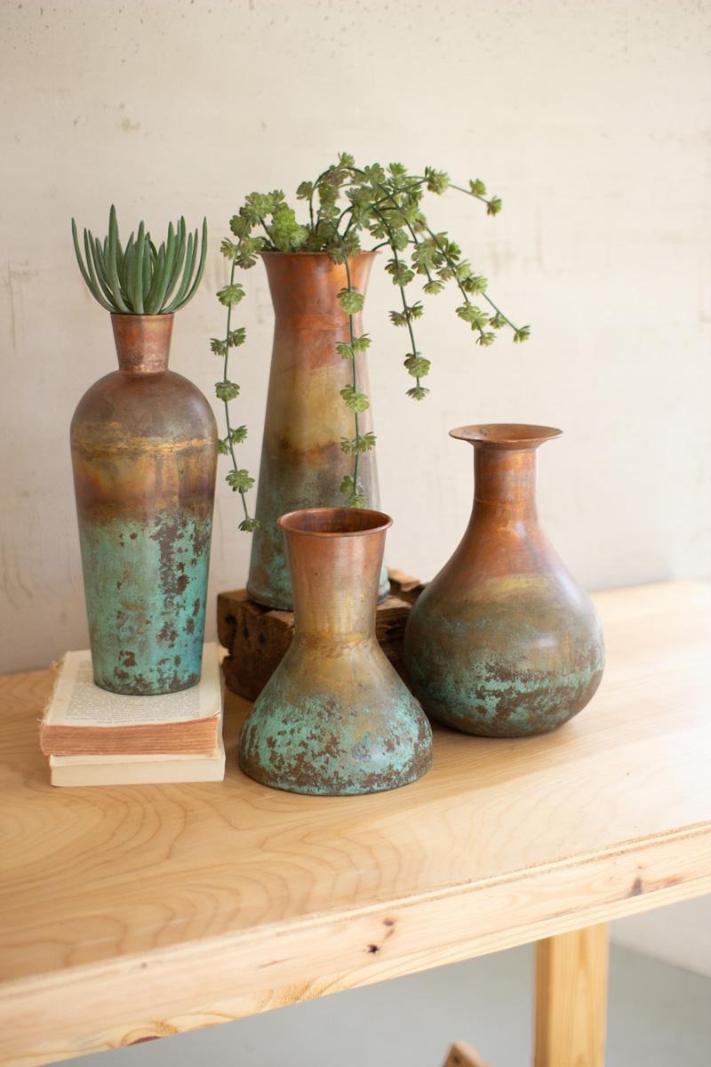 Copper Patina Footed Vase, 8.5" Tall shown alongside the other three copper patina vases from the same set - Kalalou - Whats New Furniture Portland OR