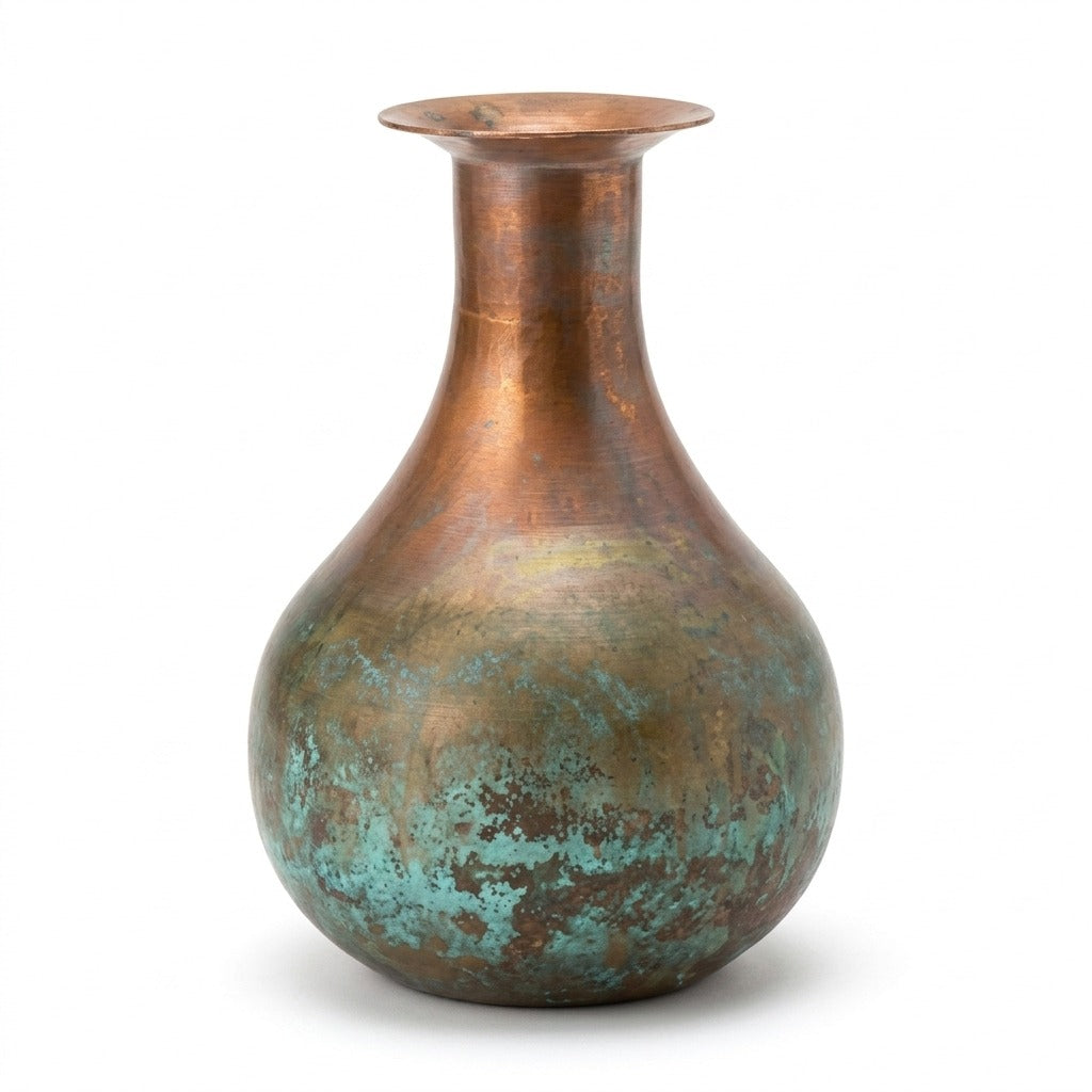 Copper Patina Round Vase, 10.5" Tall front view on white - two-toned copper vase by Kalalou - Whats New Furniture Portland OR