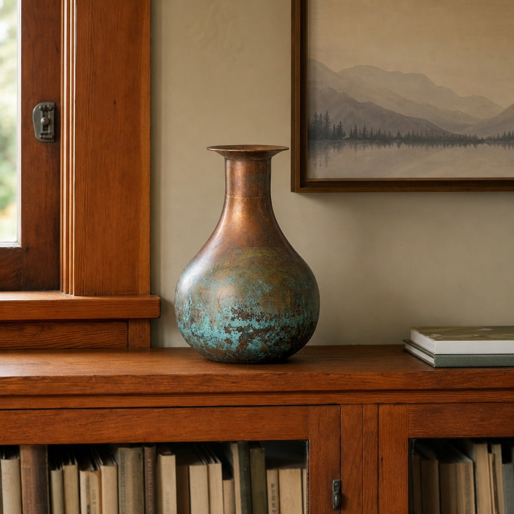 Copper Patina Round Vase, 10.5" Tall styled empty on a fir bookcase by a window in a Portland Craftsman - Whats New Furniture