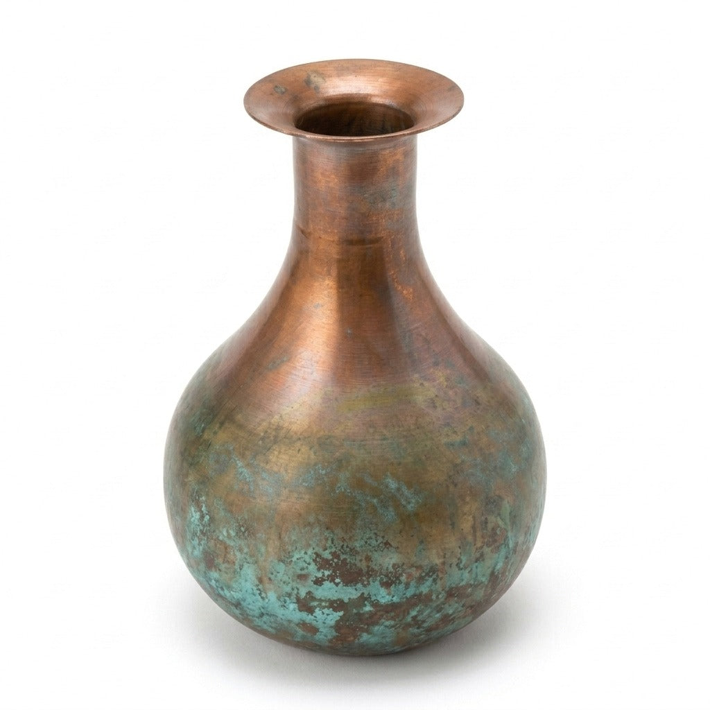Copper Patina Round Vase, 10.5" Tall seen from above showing the rim and verdigris patina - copper vase by Kalalou - Whats New Furniture Portland OR