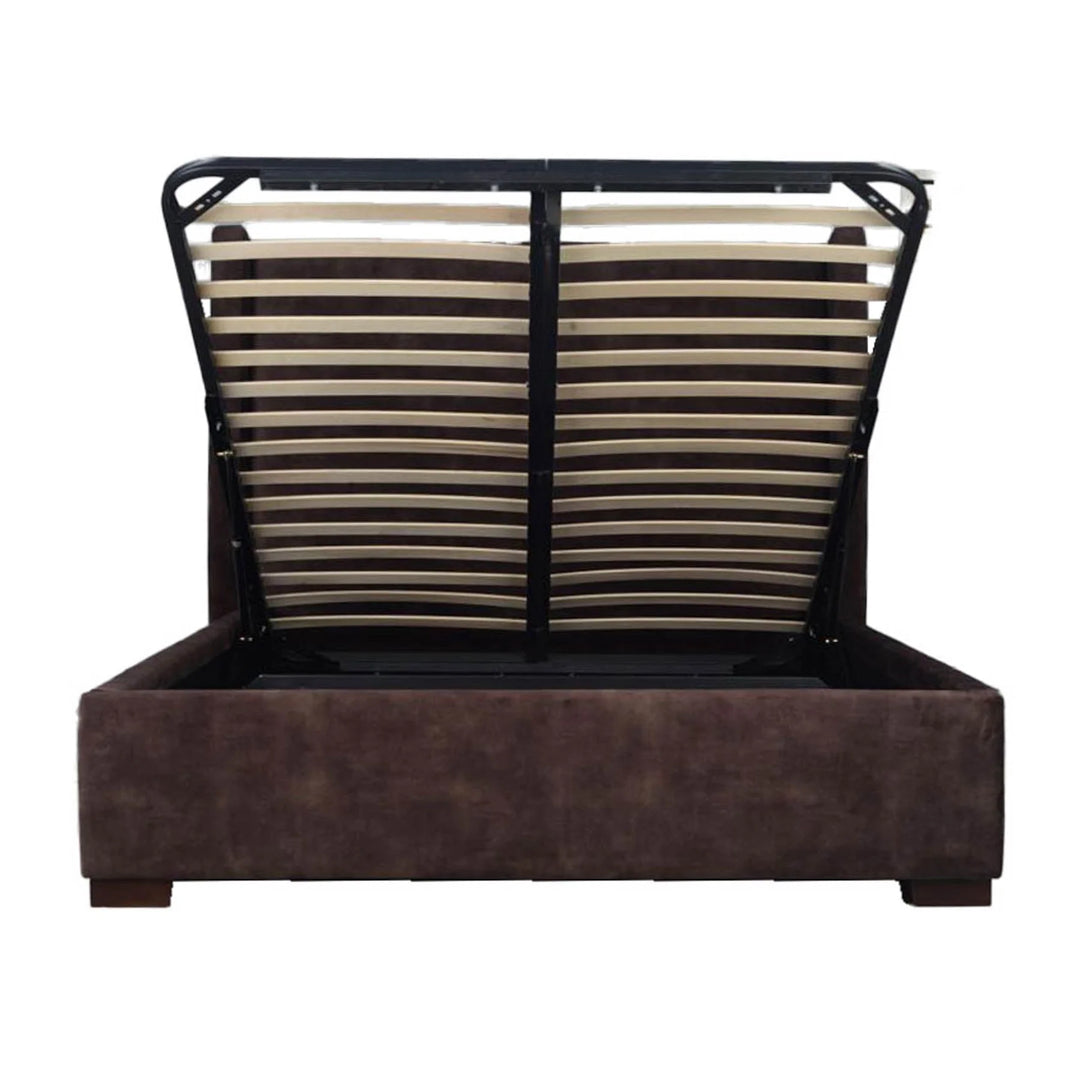 Cora Storage Queen Bed Frame in Velvet Brown configuration shot - gas-lift storage queen bed by LH Imports - Whats New Furniture Portland OR