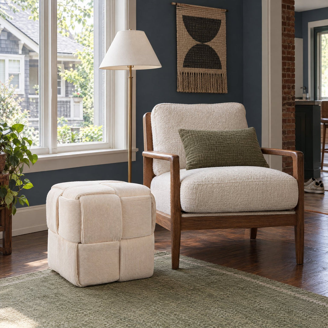 Coreybeach Cube Ottoman in Ivory styled beside a reading chair - Whats New Furniture Portland OR