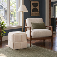 Coreybeach Cube Ottoman in Ivory styled beside a reading chair - Whats New Furniture Portland OR