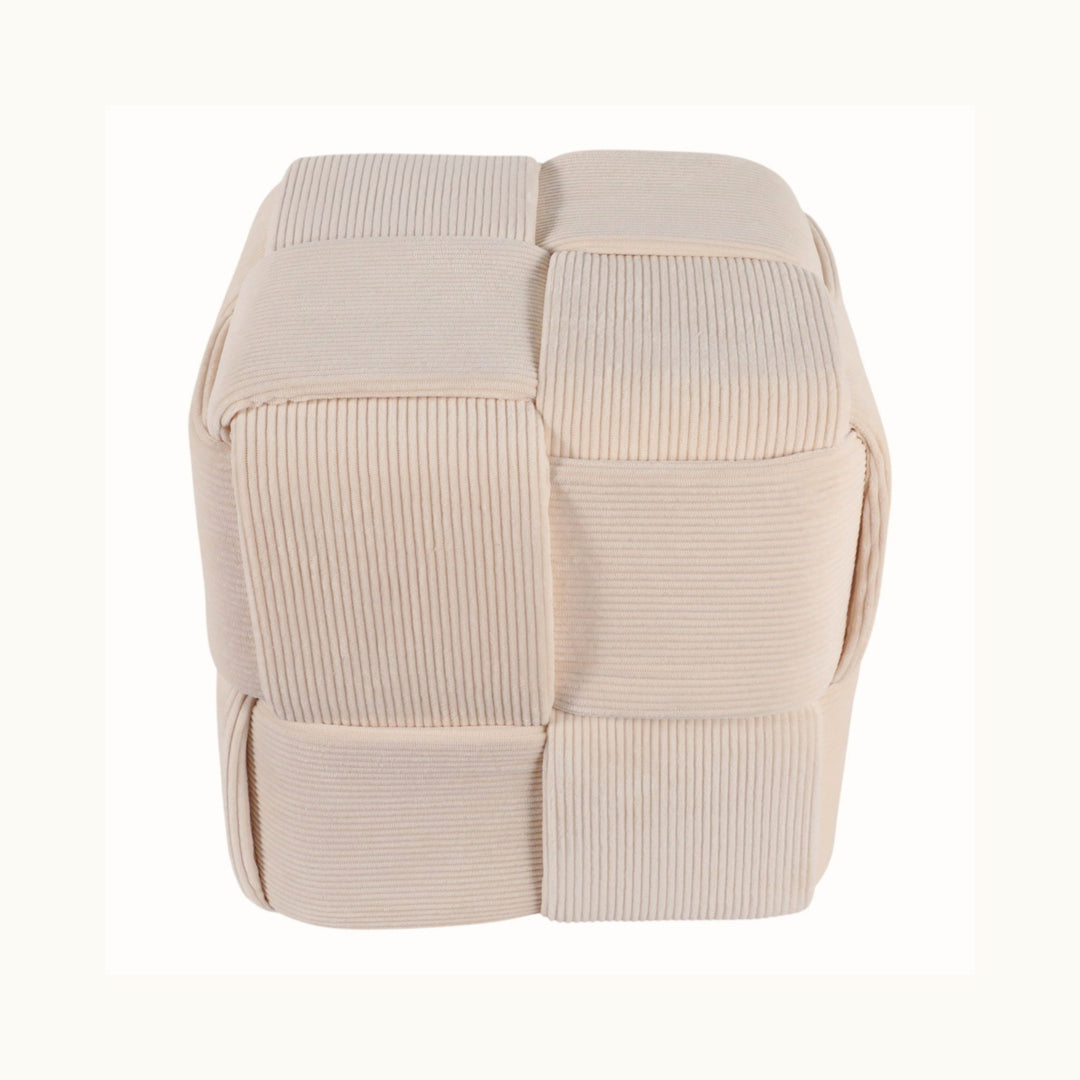Coreybeach Cube Ottoman in Ivory showing woven top, studio - Whats New Furniture Portland OR