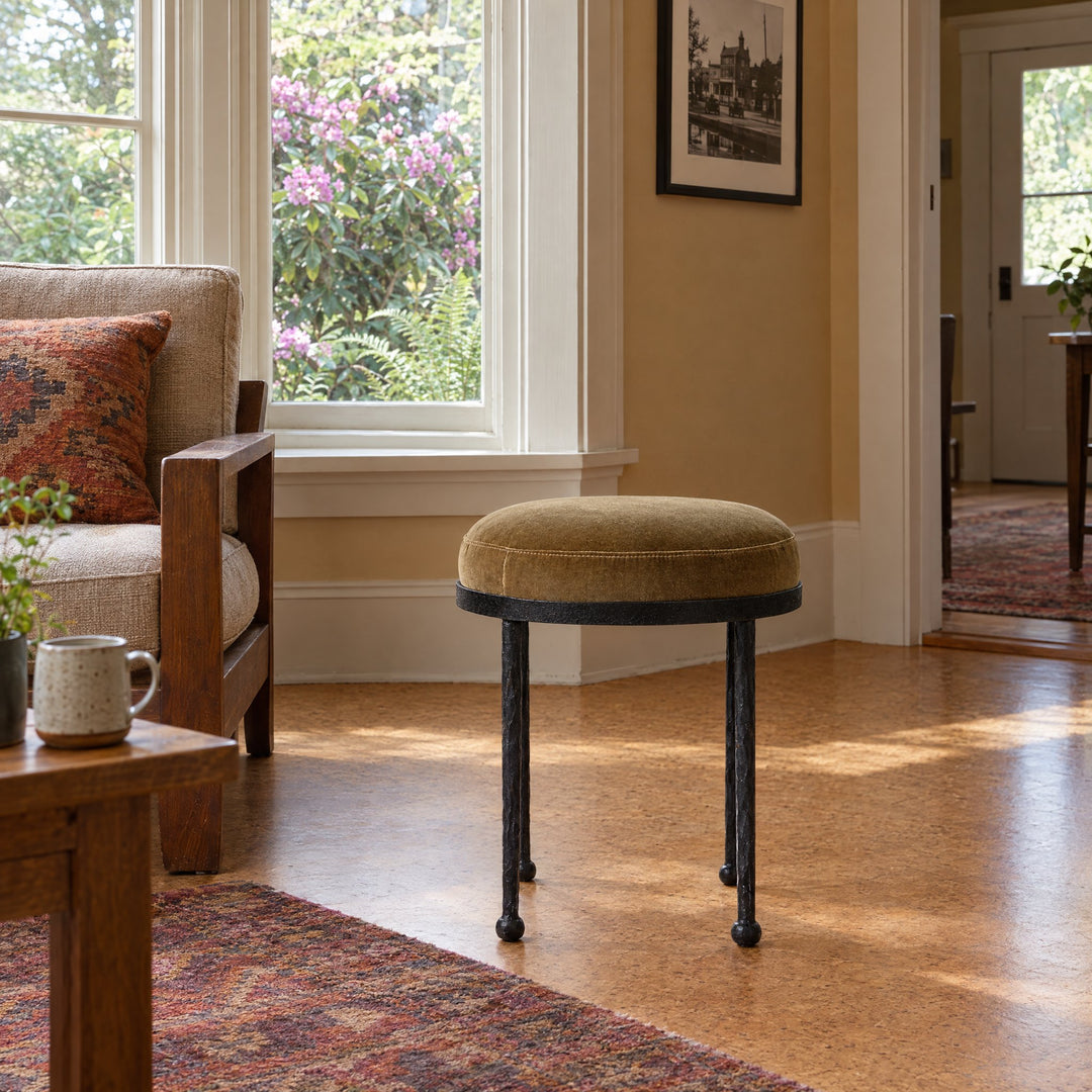 Corinne Accent Stool in Surrey Ochre styled in a Portland home - Whats New Furniture