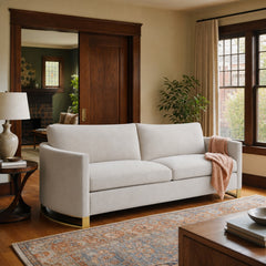 Corliss Upholstered Curved Track Arm Sofa Beige styled in Portland Laurelhurst Tudor cottage living room - What&
