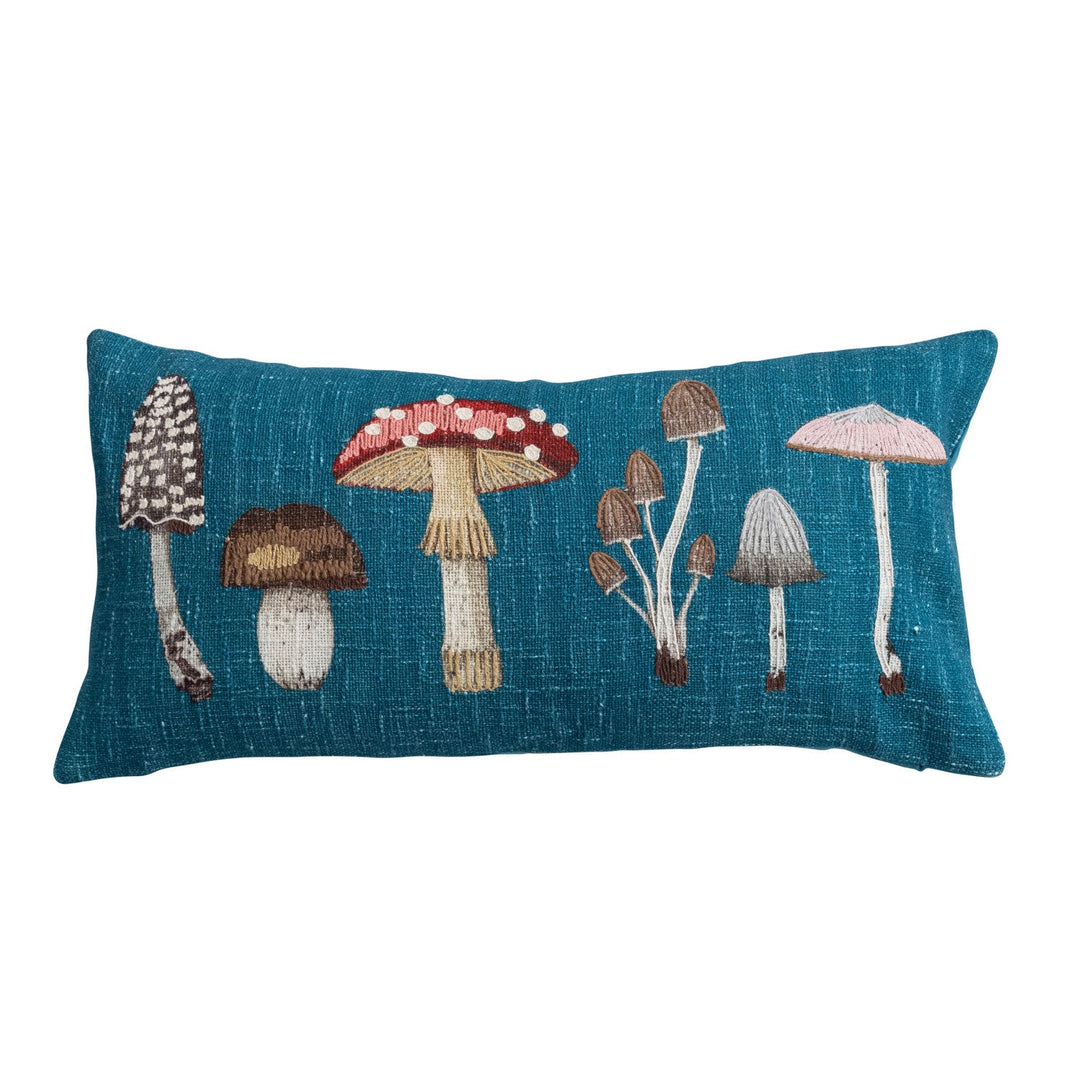 Cotton Printed Lumbar Pillow with Mushrooms &amp; Embroidery in Multi Color - embroidered lumbar pillow by Creative Co-Op - Whats New Furniture Portland OR