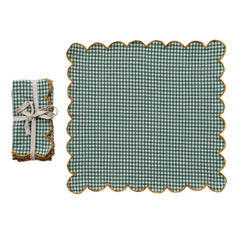 Green check cotton scalloped napkin with mustard contrast stitching, shown open beside a tied set