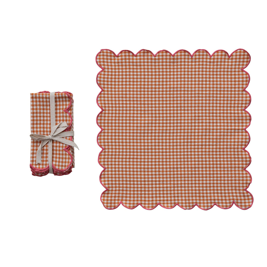 Cotton Scalloped Check Napkins Set of 4 - folded stack of orange check scalloped napkins - Creative Co-Op - What&