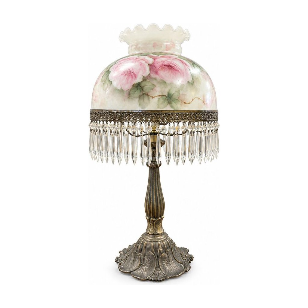 Cream mid-century table lamp with glass crystal drops and a few crystals missing - Whats New Furniture Portland OR