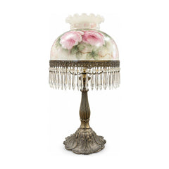 Cream mid-century table lamp with glass crystal drops and a few crystals missing - Whats New Furniture Portland OR