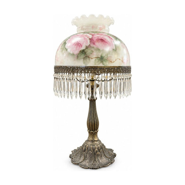 Cream mid-century table lamp with glass crystal drops and a few crystals missing - Whats New Furniture Portland OR