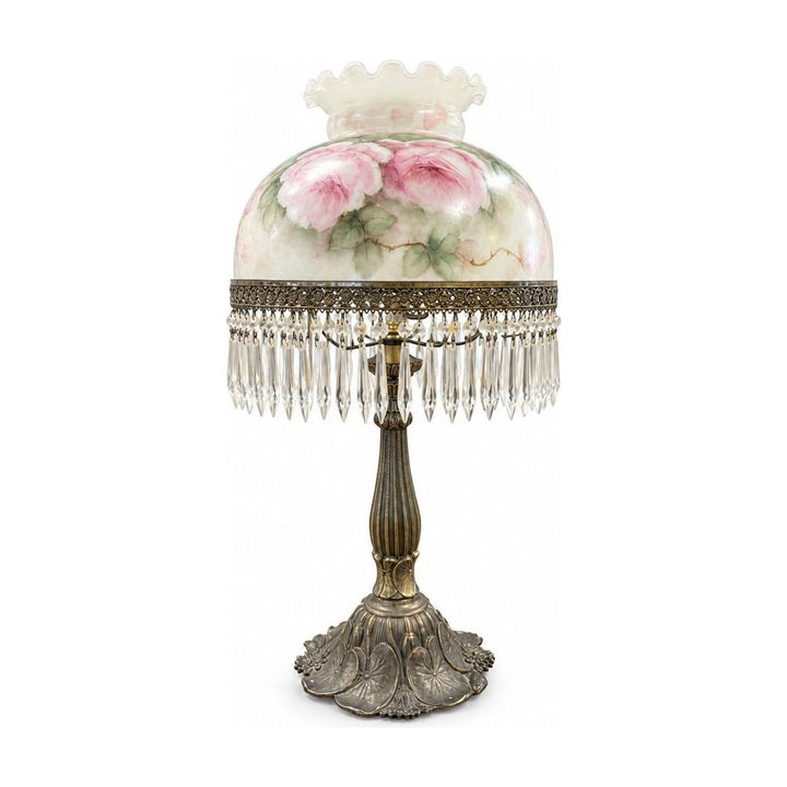 Cream mid-century table lamp with glass crystal drops and a few crystals missing - Whats New Furniture Portland OR