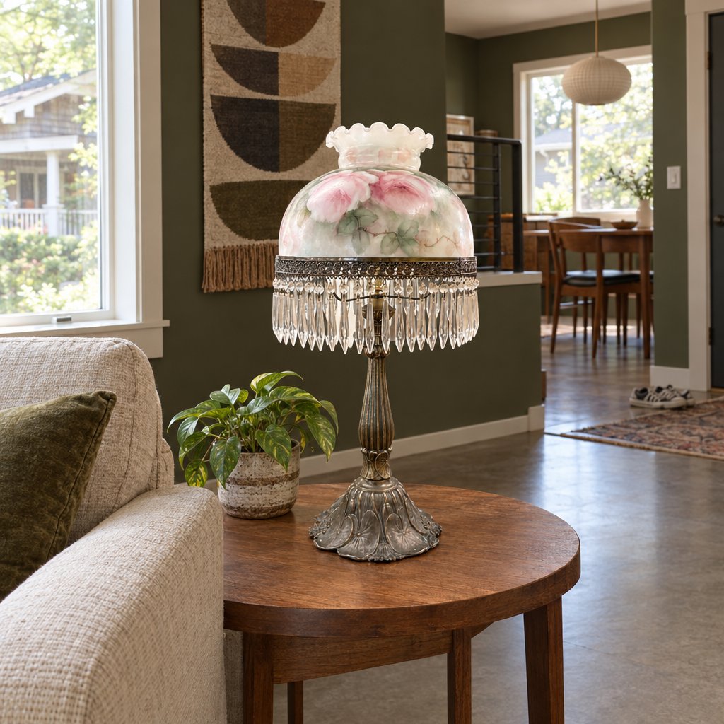 Mid-Century Crystal Table Lamp in Cream styled in a Portland home - Whats New Furniture