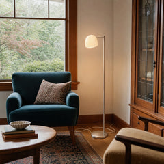 Cream metal floor lamp with a slender stem and compact 5-inch base. - detail view 1