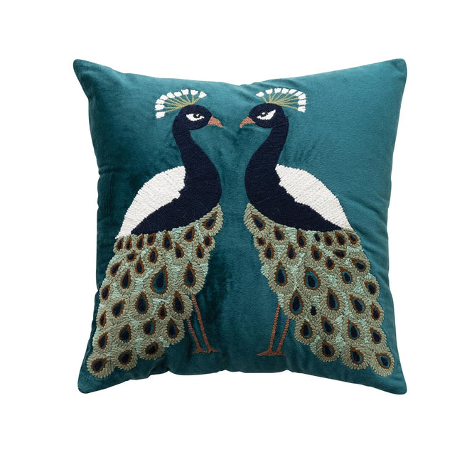 18" Square Velvet Pillow with Peacocks, Embroidery & Chambray Back - Whats New Furniture Portland OR