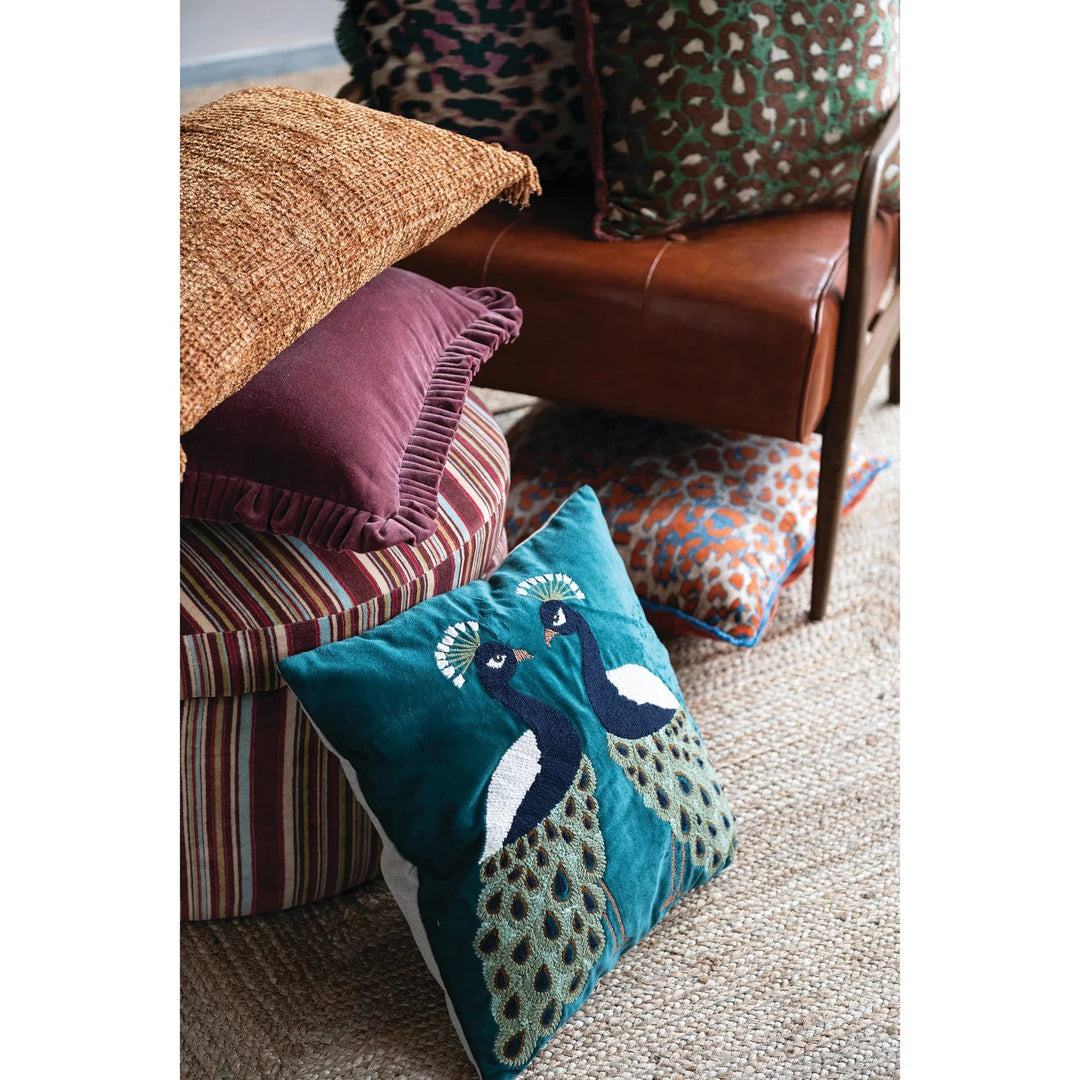 18" Square Velvet Pillow with Peacocks, Embroidery &amp; Chambray Back