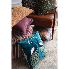 18" Square Velvet Pillow with Peacocks, Embroidery &amp; Chambray Back