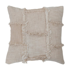 18" Woven Cotton &amp; Wool Patchwork Pillow with Frayed Edges