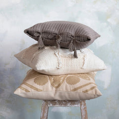 18" Woven Cotton &amp; Wool Patchwork Pillow with Frayed Edges