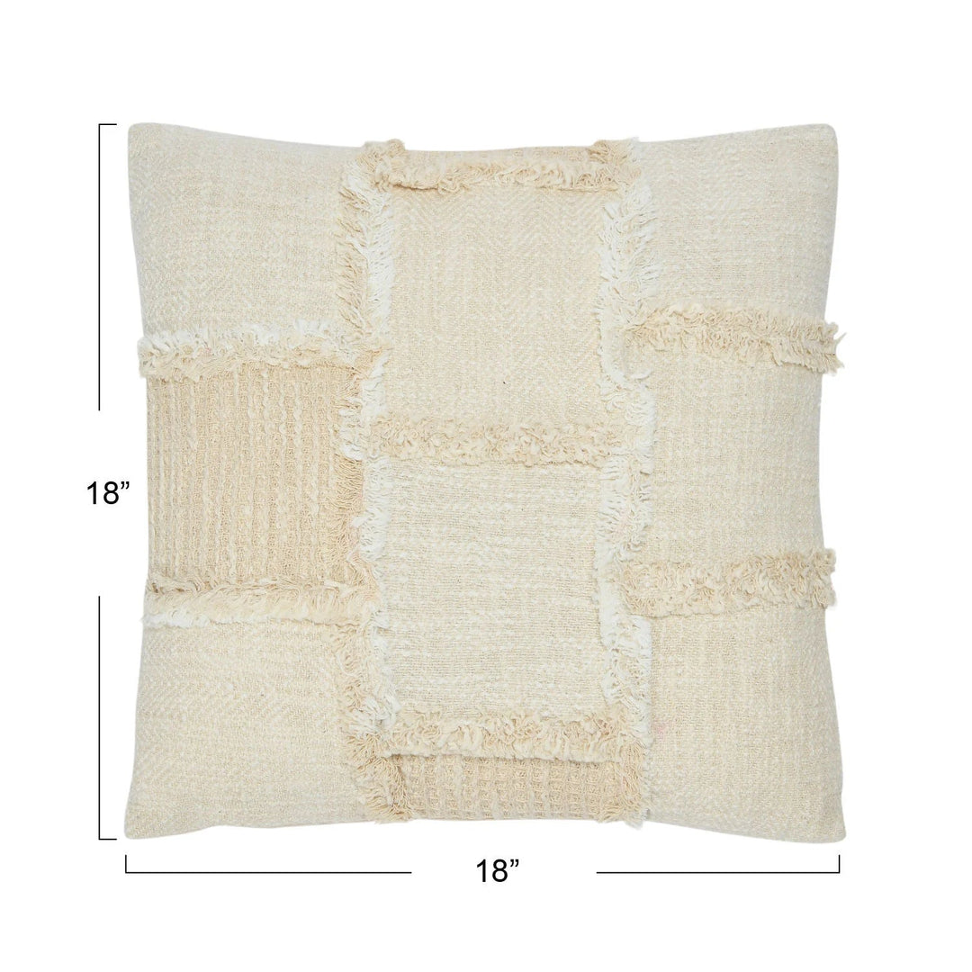 18" Woven Cotton &amp; Wool Patchwork Pillow with Frayed Edges