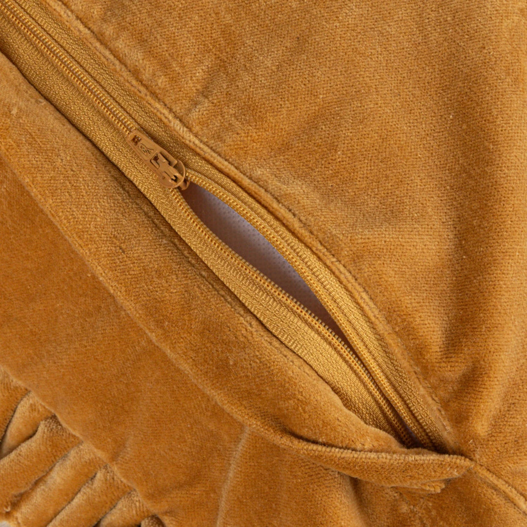 20" Square Cotton Velvet Pillow with Ruffled Trim, Mustard