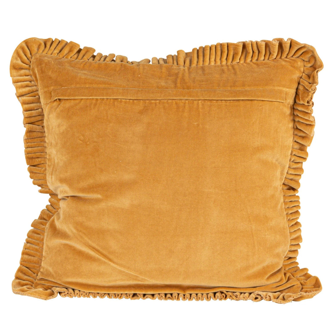 20" Square Cotton Velvet Pillow with Ruffled Trim, Mustard