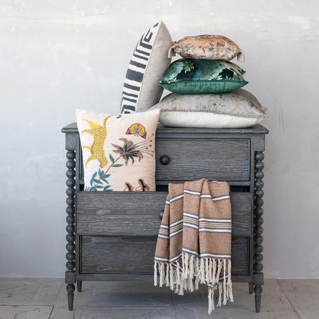 24" Square Cotton Velvet Printed Pillow with Design &amp; Fringe