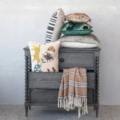 24" Square Cotton Velvet Printed Pillow with Design &amp; Fringe