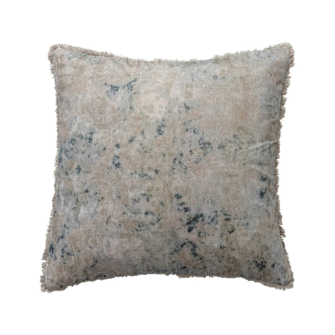 24" Square Cotton Velvet Printed Pillow with Design & Fringe