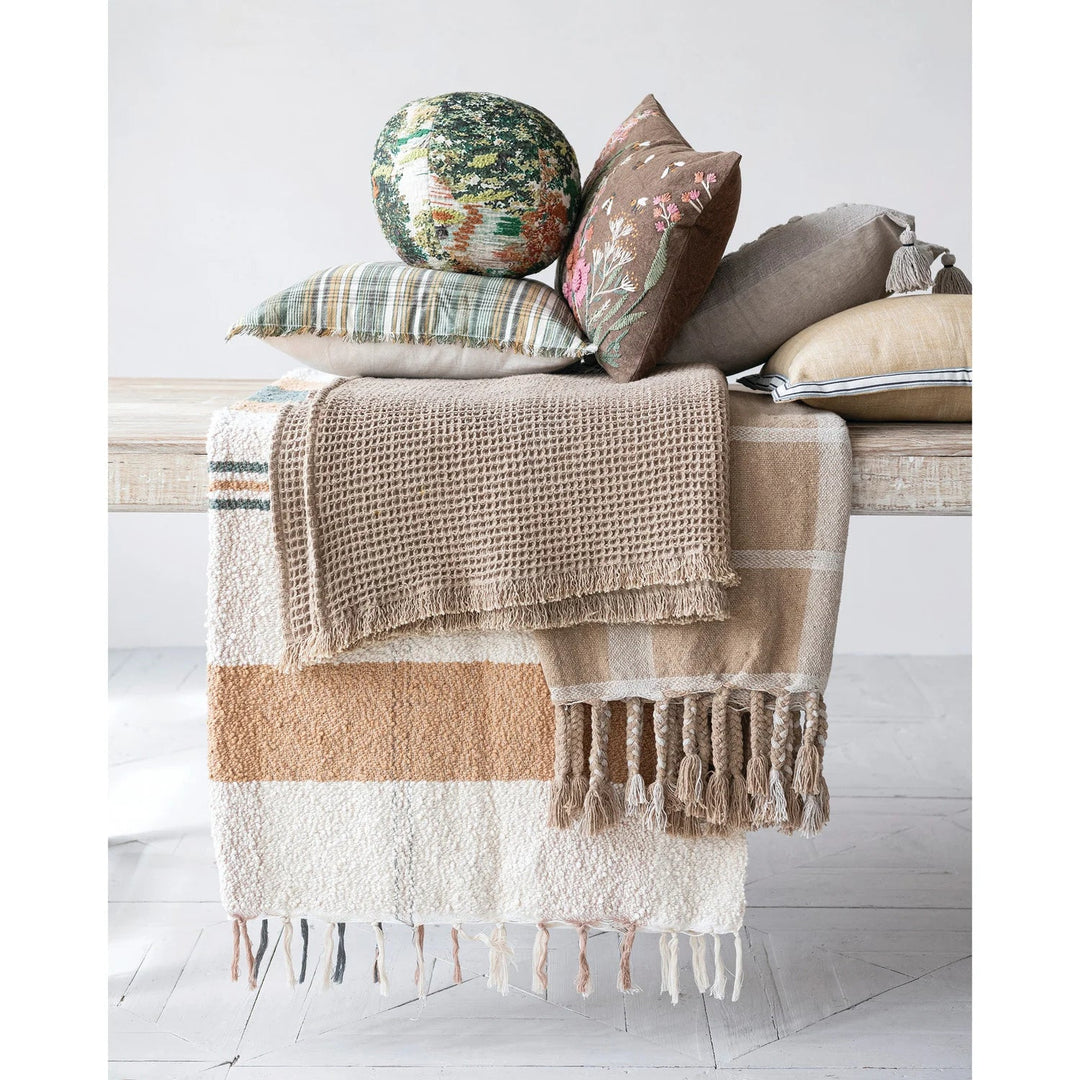60"L x 50"W Hand-Woven Cotton Slub Striped Throw with Fringe