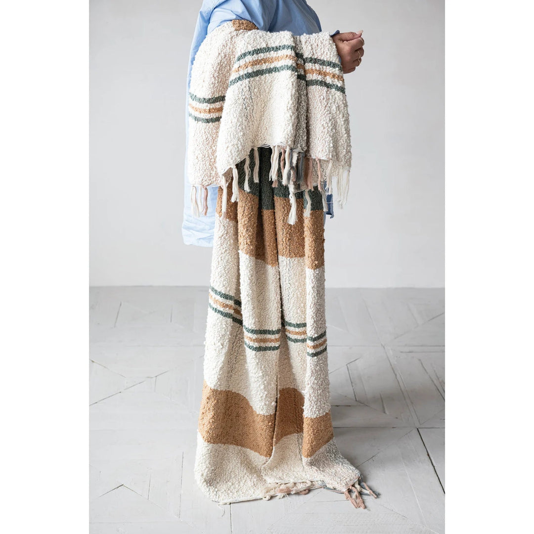60"L x 50"W Hand-Woven Cotton Slub Striped Throw with Fringe