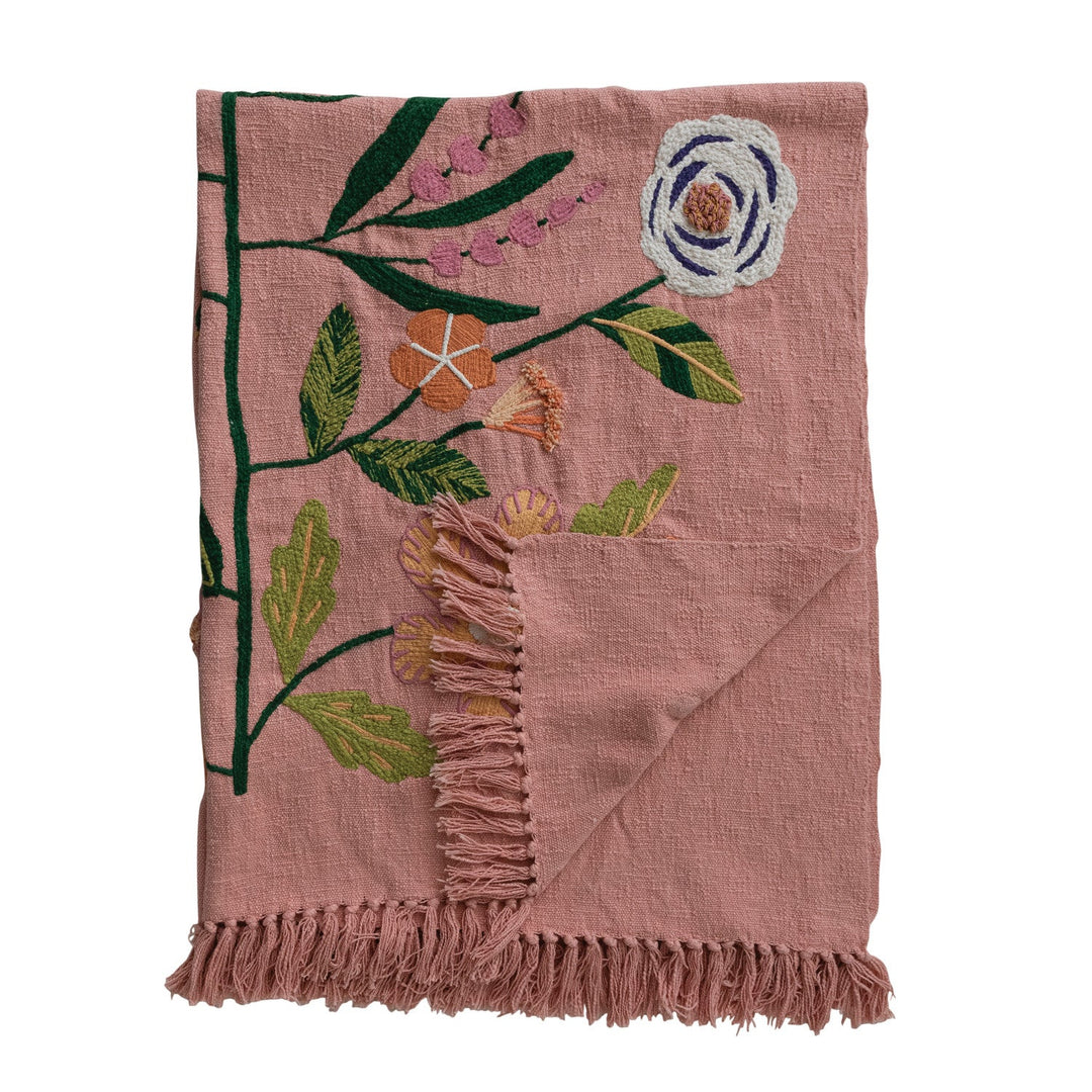 60"L x 50"W Woven Cotton Throw with Embroidered Flowers &amp; Fringe - What&