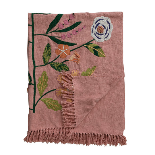 60"L x 50"W Woven Cotton Throw with Embroidered Flowers &amp; Fringe - What&