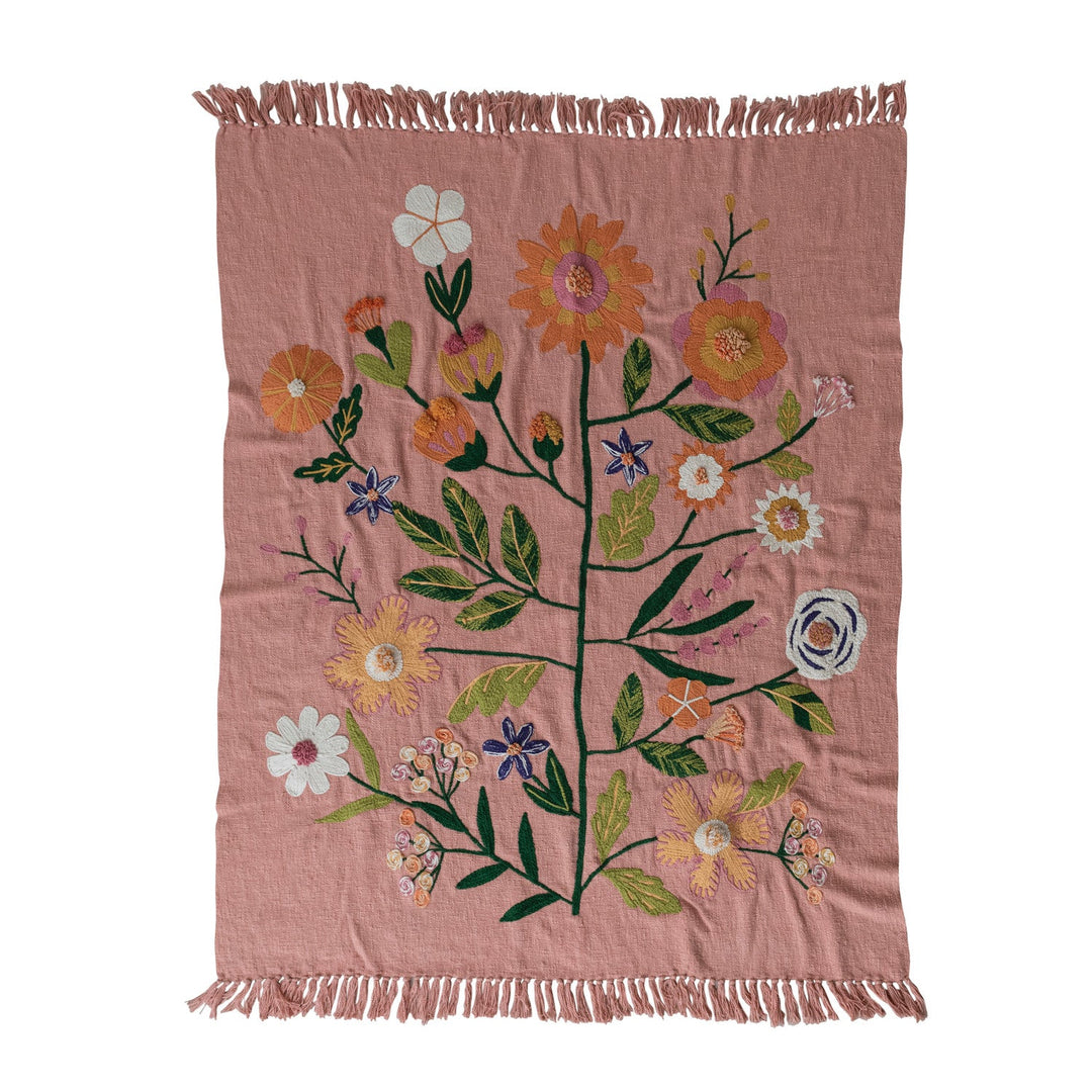 60"L x 50"W Woven Cotton Throw with Embroidered Flowers & Fringe - What's New Furniture - Portland, Oregon
