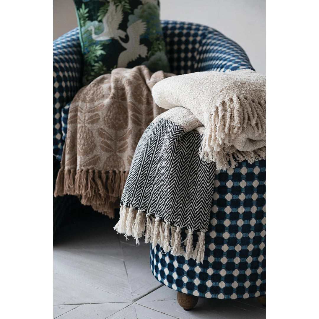 60"L x 50"W Woven Recycled Cotton Blend Jacquard Throw with Stripes &amp; Fringe