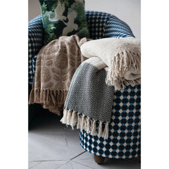 60"L x 50"W Woven Recycled Cotton Blend Jacquard Throw with Stripes &amp; Fringe