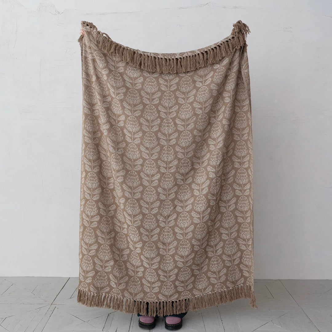 60"L x 50"W Woven Recycled Cotton Blend Jacquard Throw with Stripes &amp; Fringe