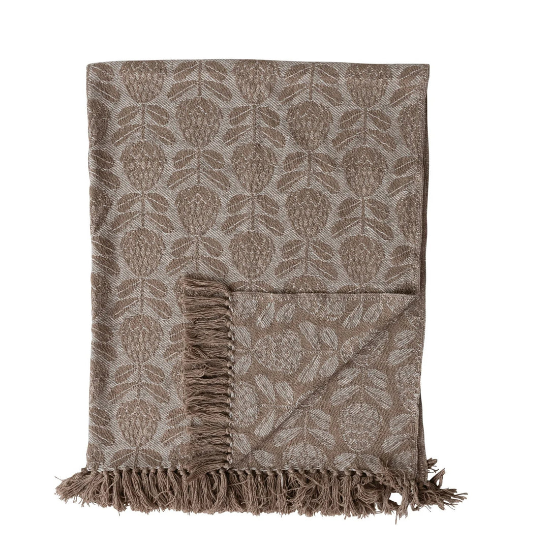 60"L x 50"W Woven Recycled Cotton Blend Jacquard Throw with Stripes &amp; Fringe