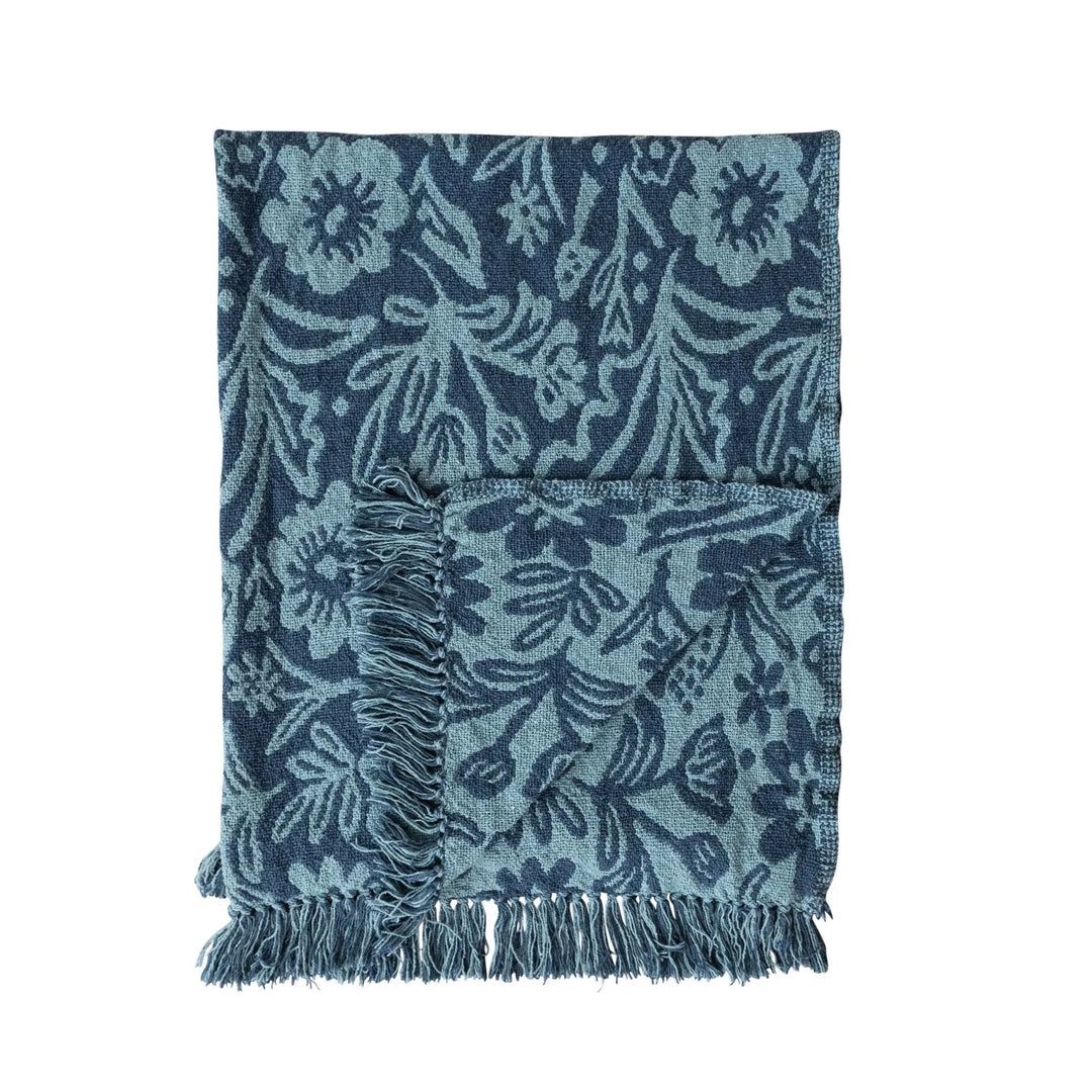 60"L x 50"W Woven Recycled Cotton Blend Jacquard Throw with Stripes &amp; Fringe