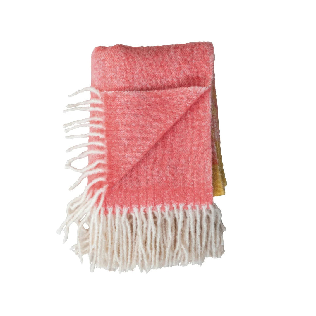 Brushed Acrylic &amp; New Zealand Wool Throw with Stripes &amp; Fringe