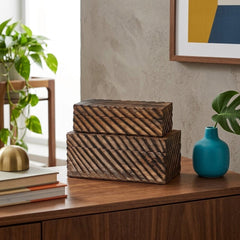 Carved MDF &amp; Mango Wood Nesting Boxes, Set of 2 styled in a bright Portland mid-century modern interior - Whats New Furniture