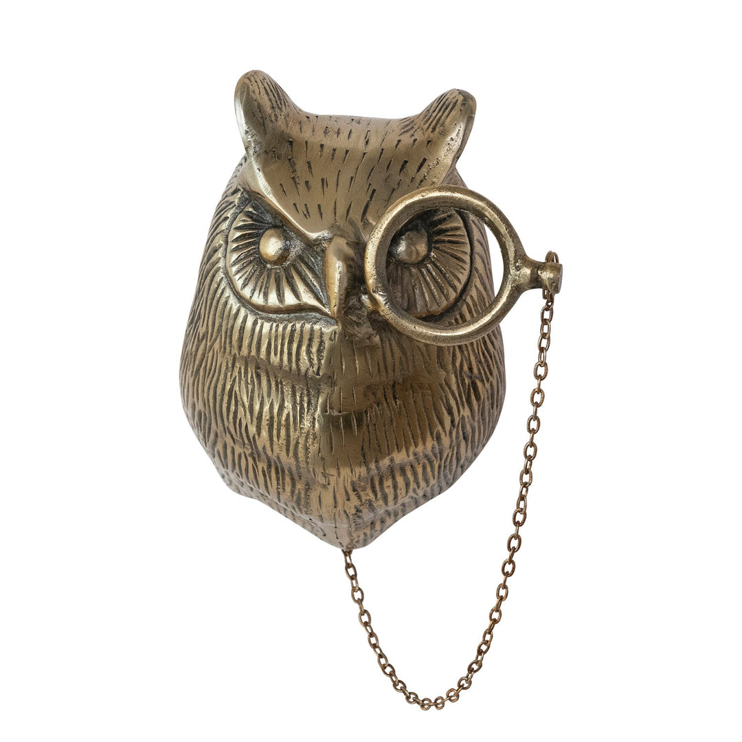 Cast Aluminum Owl with Monocle Wall Décor, Antique Brass front view - wall decor by Creative Co-Op - Whats New Furniture Portland OR