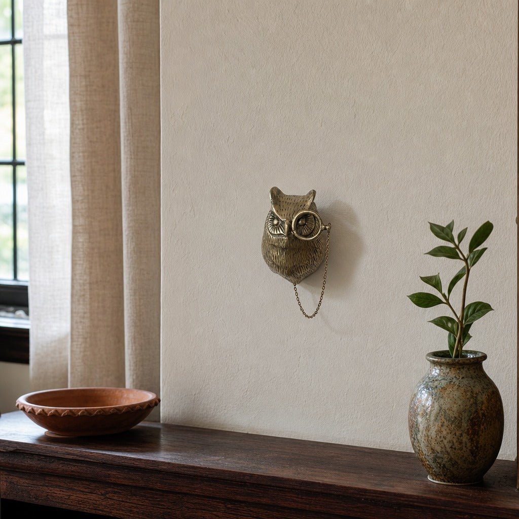 Cast Aluminum Owl with Monocle Wall Décor, Antique Brass styled in a Portland living room - Whats New Furniture
