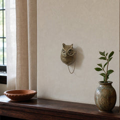 Cast Aluminum Owl with Monocle Wall Décor, Antique Brass styled in a Portland living room - Whats New Furniture