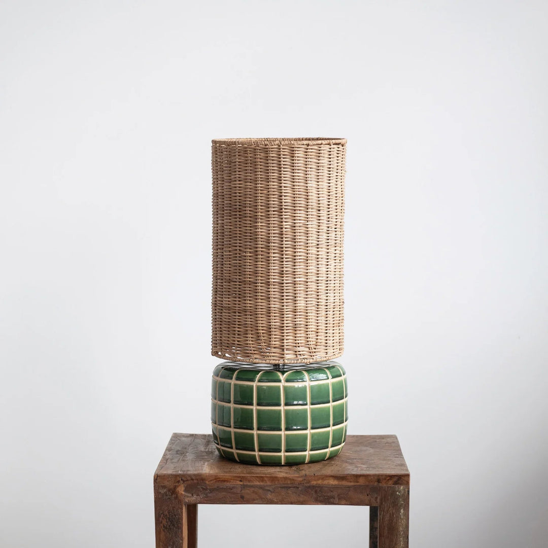 Ceramic Tiled Table Lamp with Hand-Woven Rattan Shade