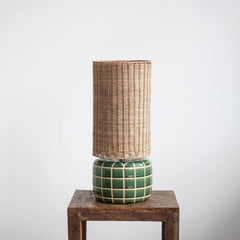 Ceramic Tiled Table Lamp with Hand-Woven Rattan Shade