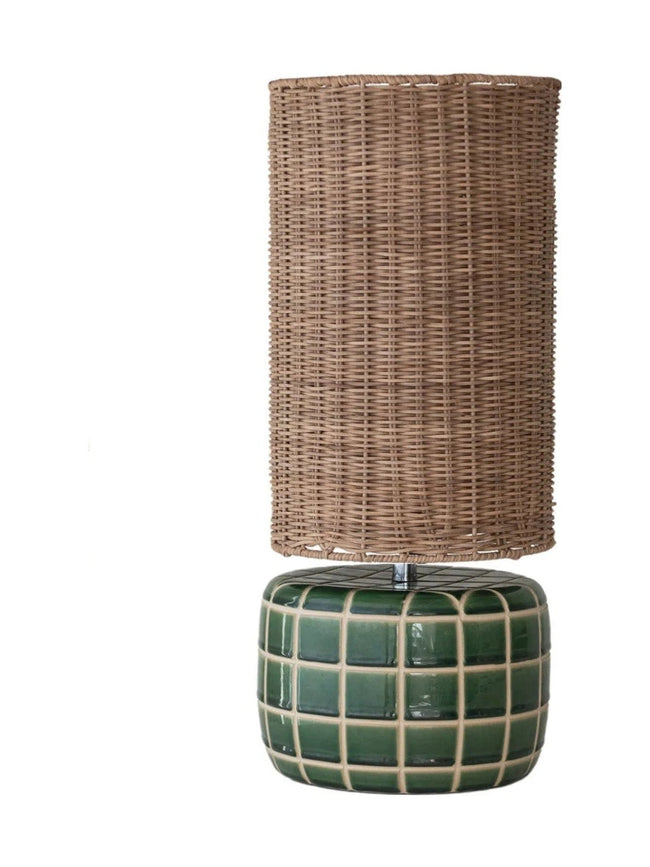 Ceramic Tiled Table Lamp with green glazed base and hand-woven rattan shade front view - lamp by Creative Co-Op - Whats New Furniture Portland OR